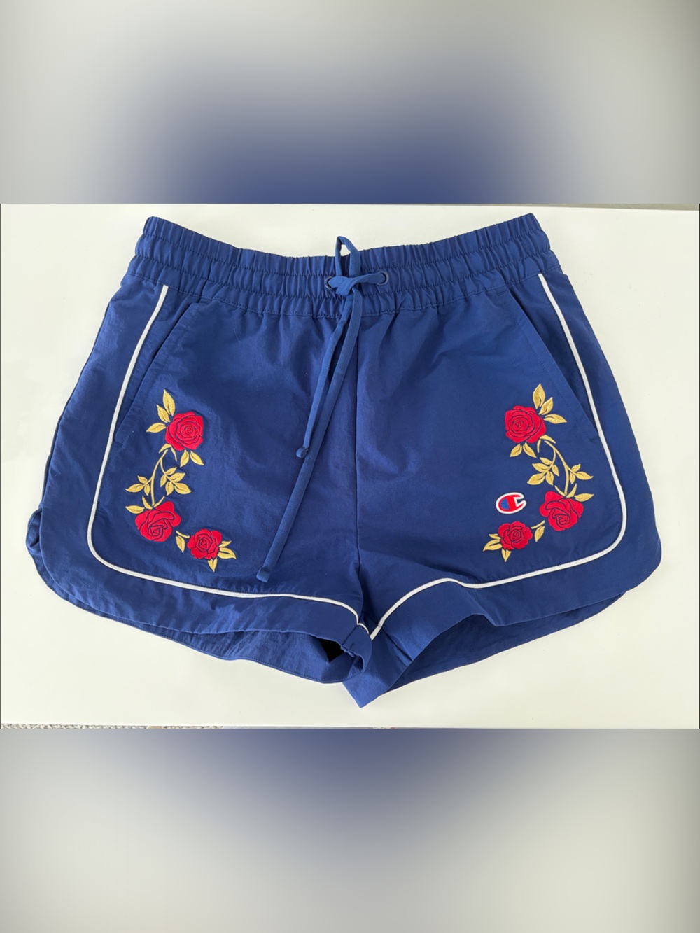 Champion Blue Athletic Shorts with Red Rose Embroidery